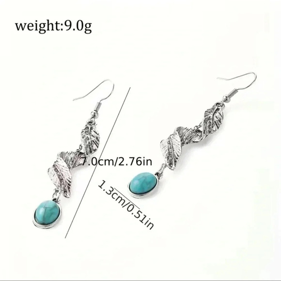 Silver Twisted Feather Turquoise Bohemian Earrings - Picture 2 of 2